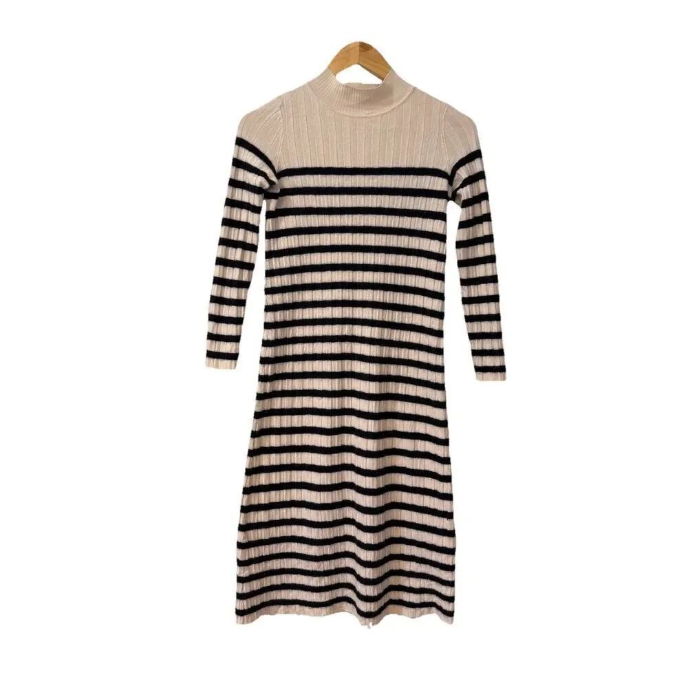 Sezane Katrina Dress Small Knit Ribbed Ecru Navy Cream Striped Knit Sweater Read